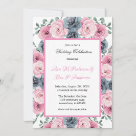 Waterverf Roze & Dusty Blue Blooms Wedding Kaart