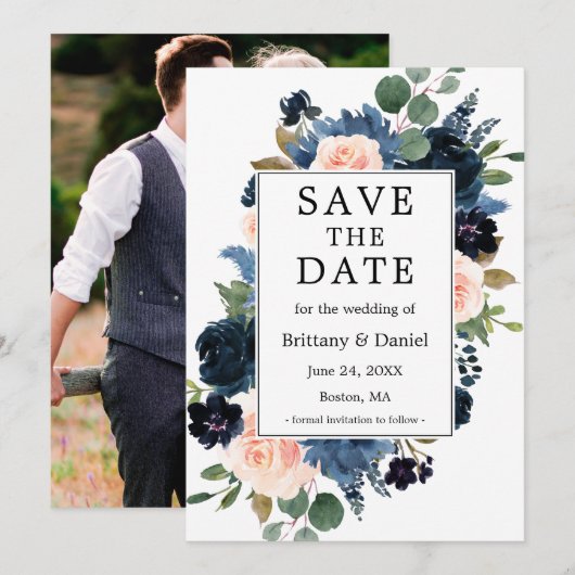 Waterverf Roze Dusty Blue Floral Foto Save The Date (Voorkant / Achterkant)
