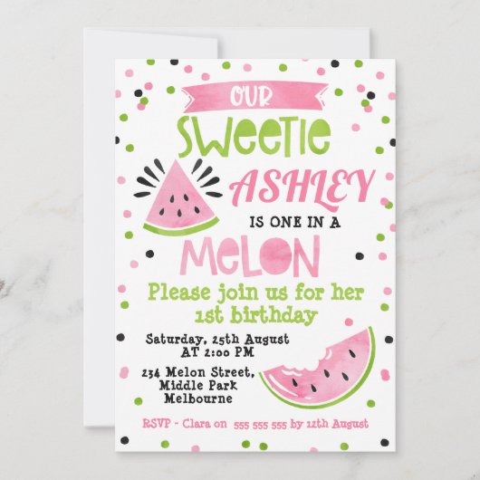 Waterverf Roze Een In Een Meloen Verjaardagsuitnod Kaart (Voorkant)