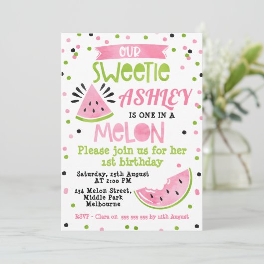 Waterverf Roze Een In Een Meloen Verjaardagsuitnod Kaart (Staand voorkant)