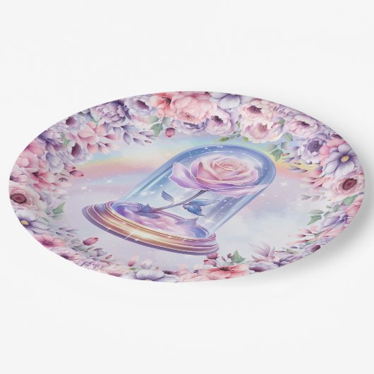 Waterverf Roze Eenhoorn en Fairy Roos in Wereldbol Papieren Bordje (Gekanteld)