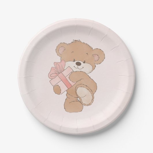 Waterverf Roze Eenvoudige Teddybeer Baby shower Papieren Bordje (Voorkant)
