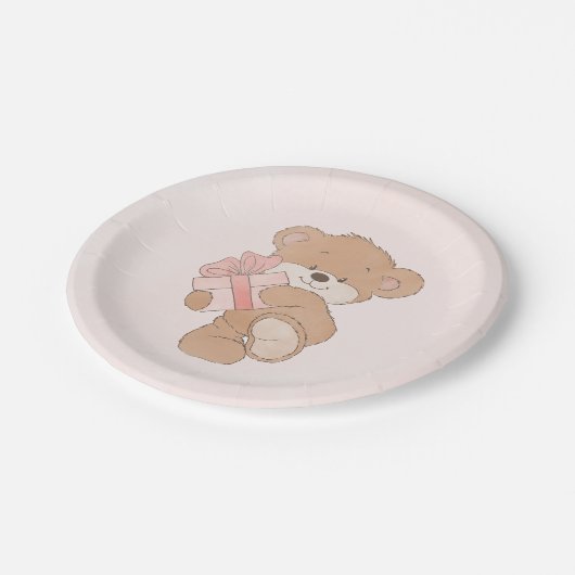Waterverf Roze Eenvoudige Teddybeer Baby shower Papieren Bordje (Gekanteld)