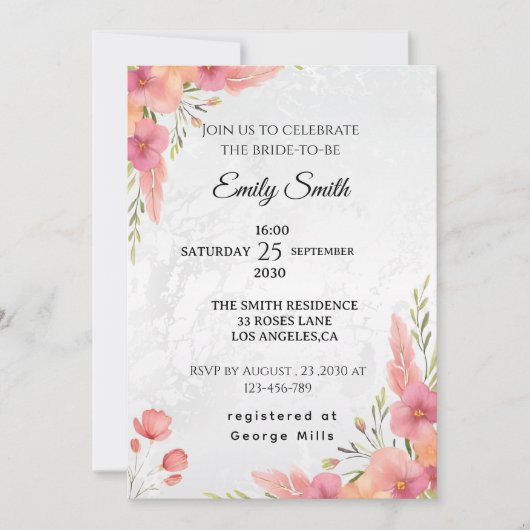 Waterverf Roze Elegant Bloemen Vrijgezellenfeest Kaart (Voorkant)