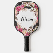 Waterverf Roze Elegant Florals en veren Pickleball Paddle (Voorkant)