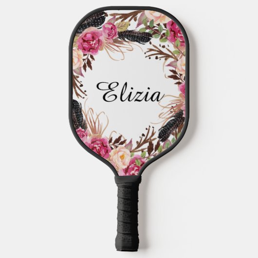 Waterverf Roze Elegant Florals en veren Pickleball Paddle (Achterkant)