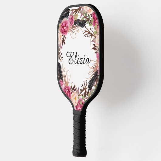 Waterverf Roze Elegant Florals en veren Pickleball Paddle (Links)