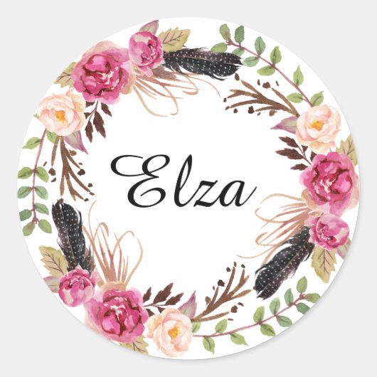 Waterverf Roze Elegante Bloemen en veren  Ronde Sticker (Voorkant)