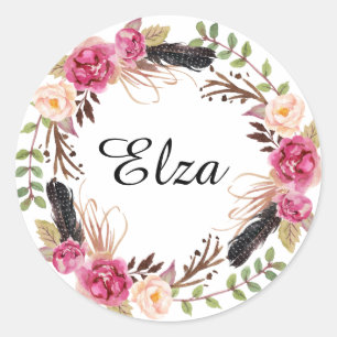 Waterverf Roze Elegante Bloemen en veren Ronde Sticker