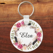 Waterverf Roze elegante Florals en veren Keyser Sleutelhanger (Voorkant)