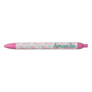 Waterverf Roze en Aqua Floral Zwarte Inkt Pen