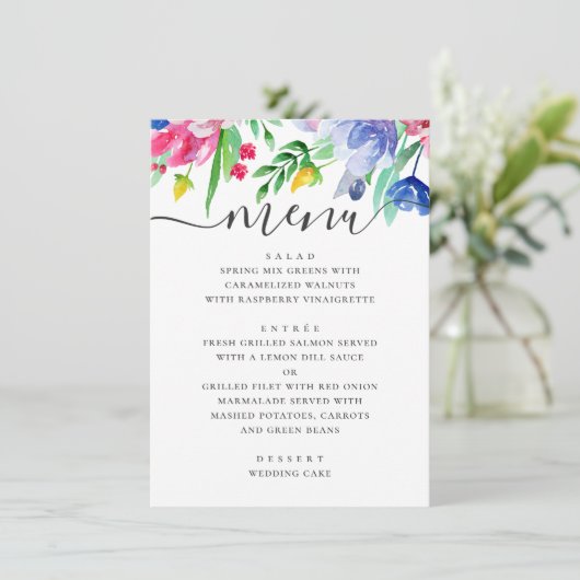 Waterverf roze en blauw bloementuin bruiloft menu (Staand voorkant)