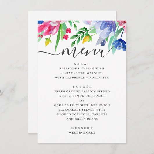 Waterverf roze en blauw bloementuin bruiloft menu (Voorkant / Achterkant)