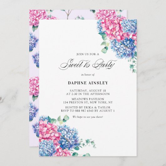 Waterverf Roze en Blauw Hydrangeas Sweet Sixteen Kaart (Voorkant / Achterkant)