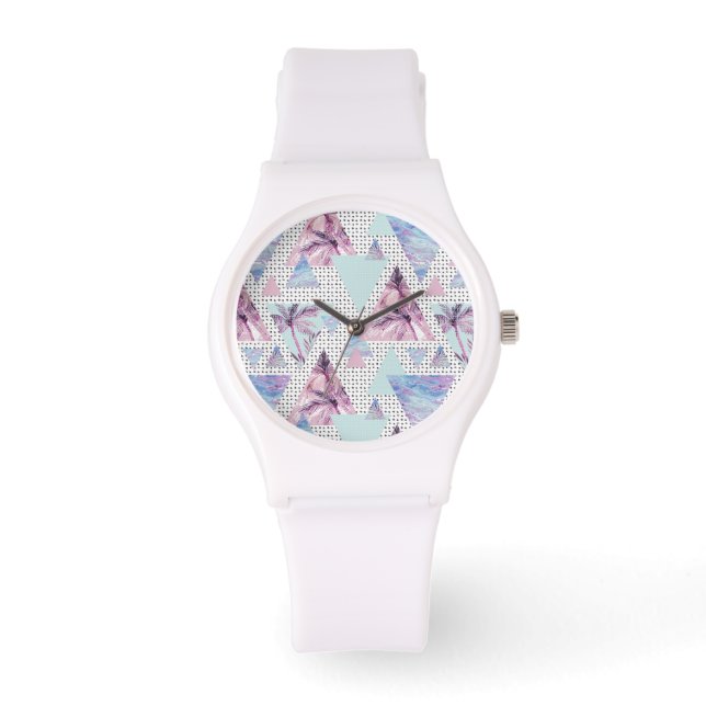 Waterverf roze en blauw palmpatroon horloge (Voorkant)