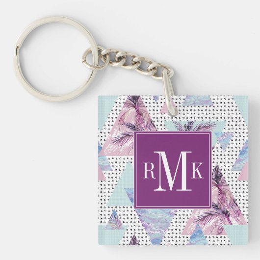 Waterverf roze en blauw palmpatroon sleutelhanger (Voorkant)