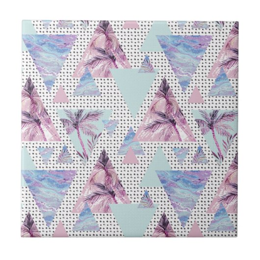 Waterverf roze en blauw palmpatroon tegeltje (Voorkant)