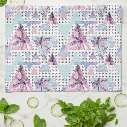 Waterverf roze en blauw palmpatroon theedoek (Gevouwen)