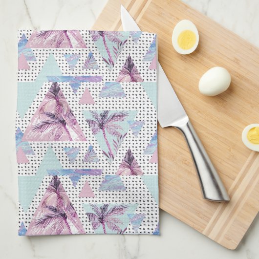 Waterverf roze en blauw palmpatroon theedoek (Quarter Fold)