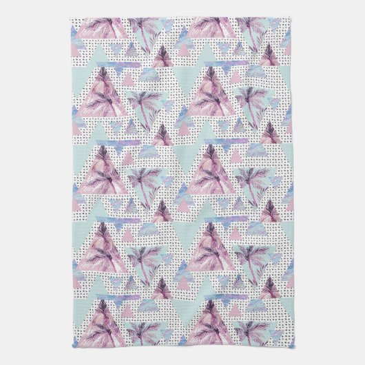 Waterverf roze en blauw palmpatroon theedoek (Verticaal)