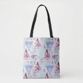 Waterverf roze en blauw palmpatroon tote bag (Voorkant)