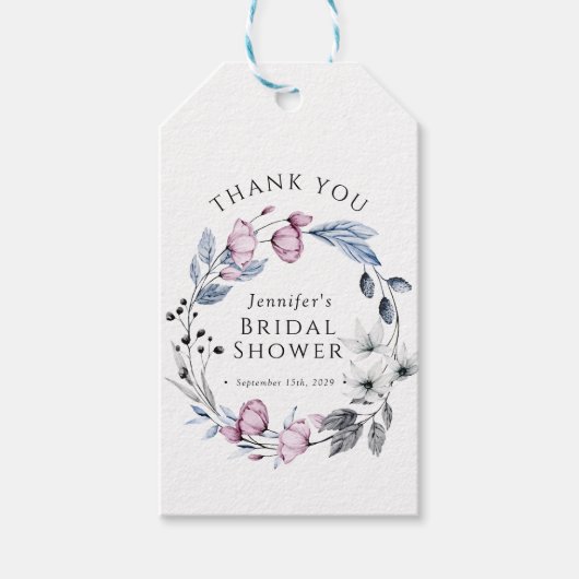 Waterverf Roze en Blauwe Bloemen Bruidsdouche Cadeaulabel (Voorkant)