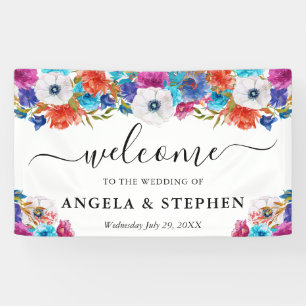 Waterverf roze en blauwe bloemen bruiloft welkom spandoek