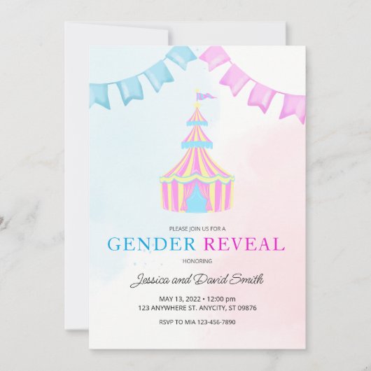 Waterverf Roze en Blauwe Circustent onthullen Kaart (Voorkant)