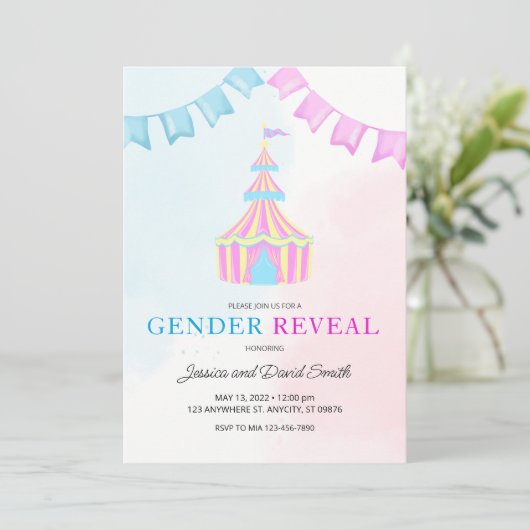 Waterverf Roze en Blauwe Circustent onthullen Kaart (Staand voorkant)