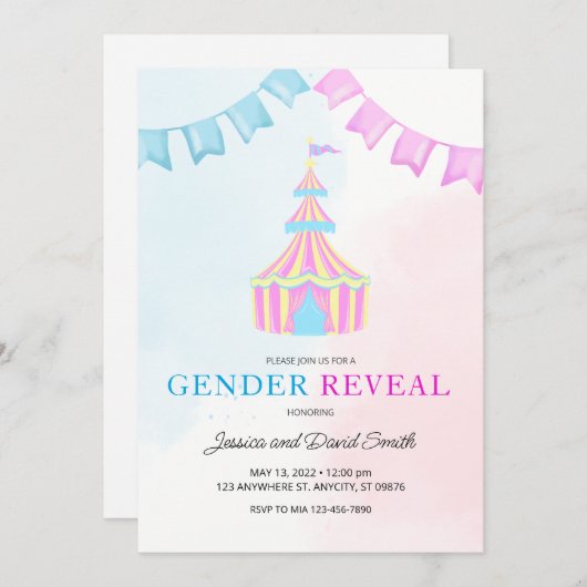 Waterverf Roze en Blauwe Circustent onthullen Kaart (Voorkant / Achterkant)