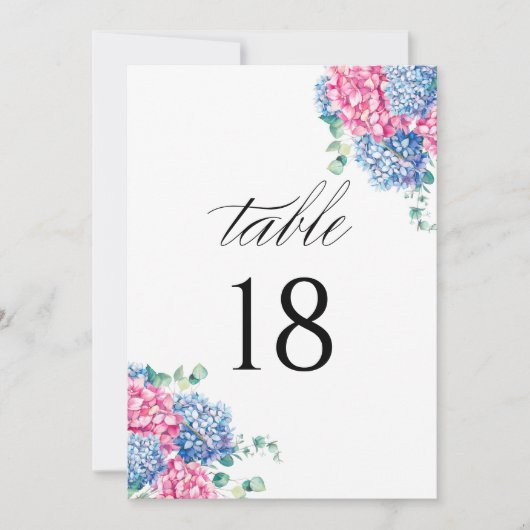 Waterverf Roze en Blauwe Hydrangea Tafelnummer (Voorkant)