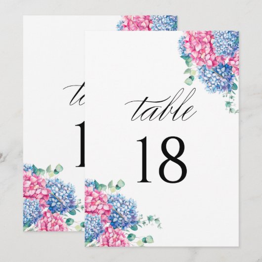 Waterverf Roze en Blauwe Hydrangea Tafelnummer (Voorkant / Achterkant)