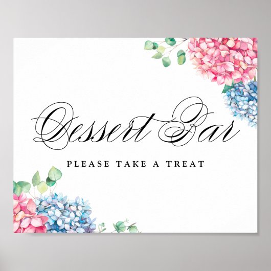 Waterverf Roze en Blauwe Hydrangeas Dessert Bar Poster (Voorkant)