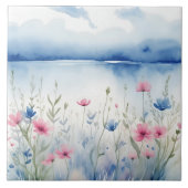 Waterverf Roze en Blauwe Wilde Bloemen Wildflower Tegeltje (Voorkant)