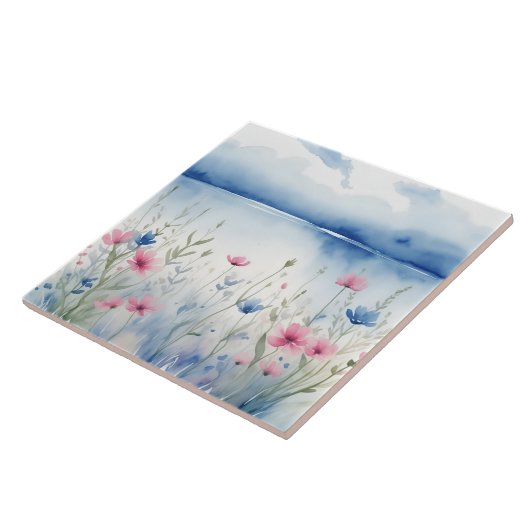 Waterverf Roze en Blauwe Wilde Bloemen Wildflower Tegeltje (Zijkant)