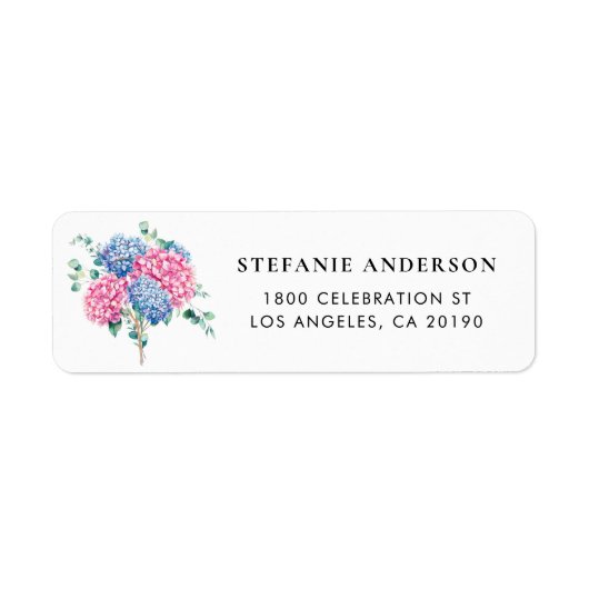 Waterverf Roze en Blue Hydrangeas Adres Etiket (Voorkant)