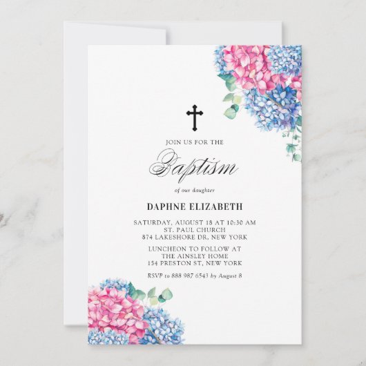 Waterverf Roze en Blue Hydrangeas Baptisme Kaart (Voorkant)