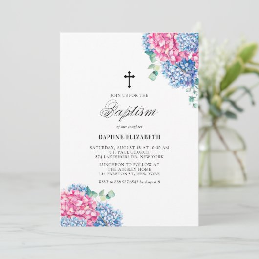 Waterverf Roze en Blue Hydrangeas Baptisme Kaart (Staand voorkant)