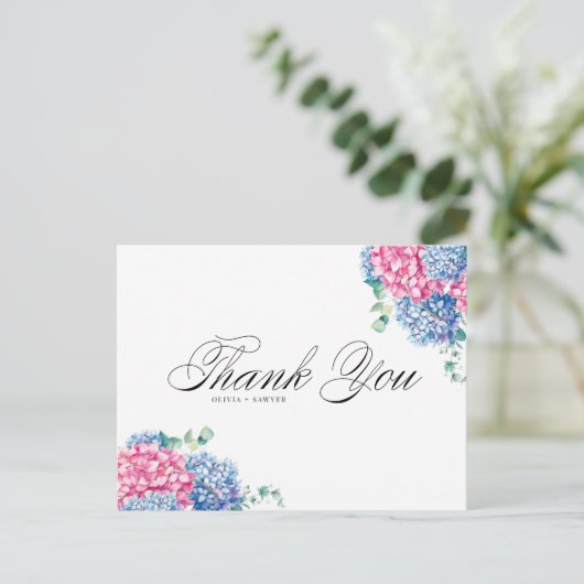 Waterverf Roze en Blue Hydrangeas Dank u wel Feestdagenkaart (Staand voorkant)