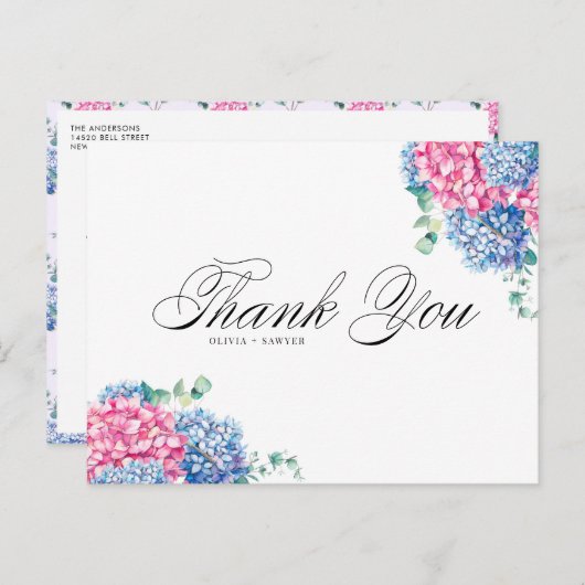Waterverf Roze en Blue Hydrangeas Dank u wel Feestdagenkaart (Voorkant / Achterkant)