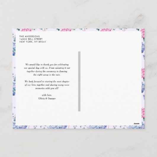 Waterverf Roze en Blue Hydrangeas Dank u wel Feestdagenkaart (Achterkant)