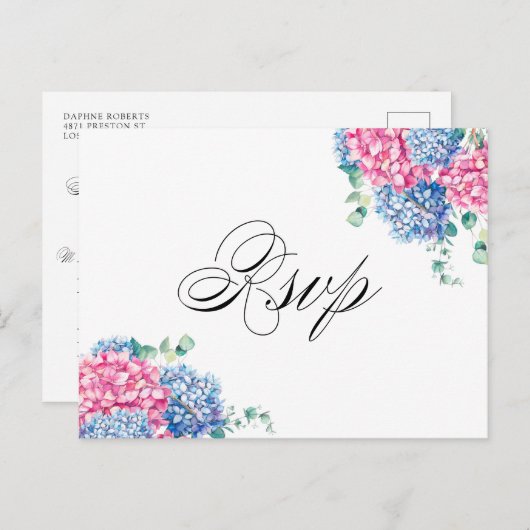 Waterverf Roze en Blue Hydrangeas RSVP Briefkaart (Voorkant / Achterkant)