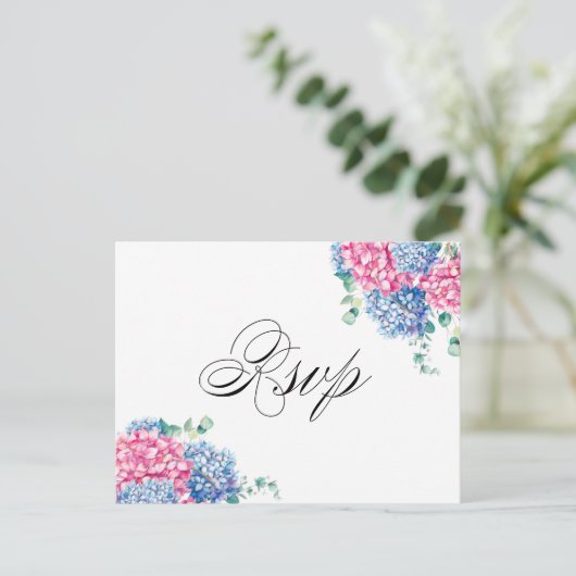 Waterverf Roze en Blue Hydrangeas RSVP Briefkaart (Staand voorkant)