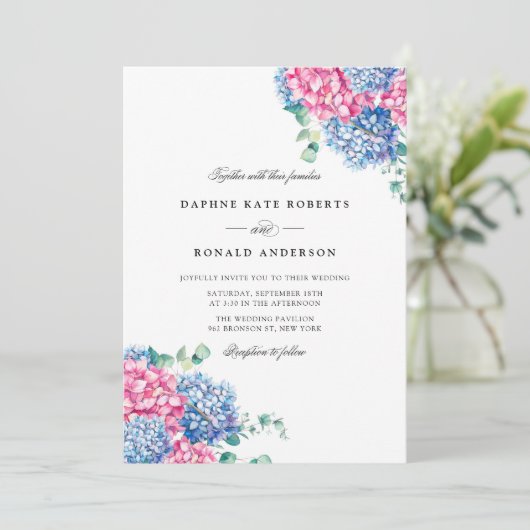 Waterverf Roze en Blue Hydrangeas Wedding Kaart (Staand voorkant)