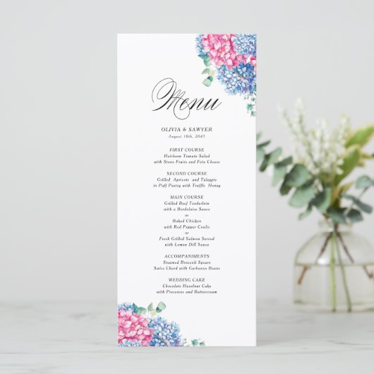 Waterverf Roze en Blue Hydrangeas Wedding Menu (Staand voorkant)