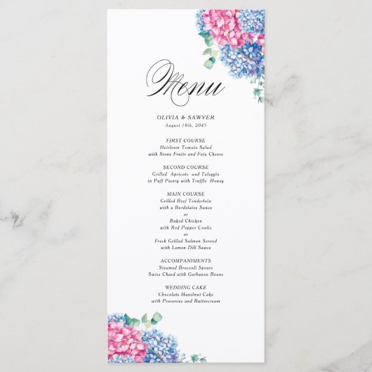 Waterverf Roze en Blue Hydrangeas Wedding Menu (Voorkant)