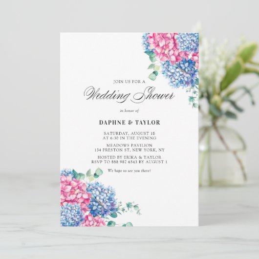 Waterverf Roze en Blue Hydrangeas Wedding Shower Kaart (Staand voorkant)