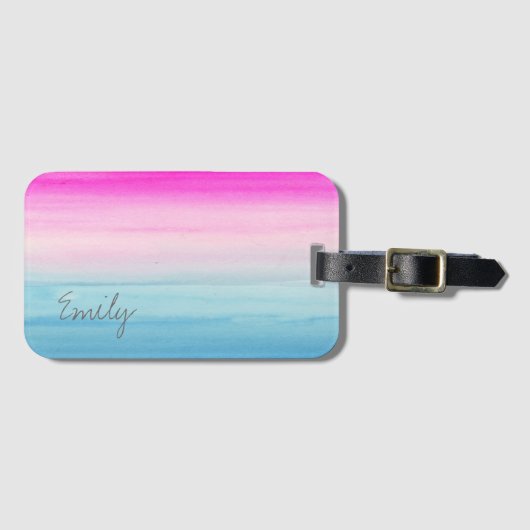 Waterverf Roze en Blue Ombre | Jouw namen toevoege Bagagelabel (Voorkant (horizontaal))