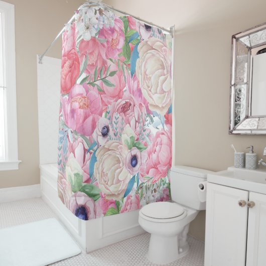 Waterverf Roze en Blush Peonies Spring Douchegordijn (In situ)