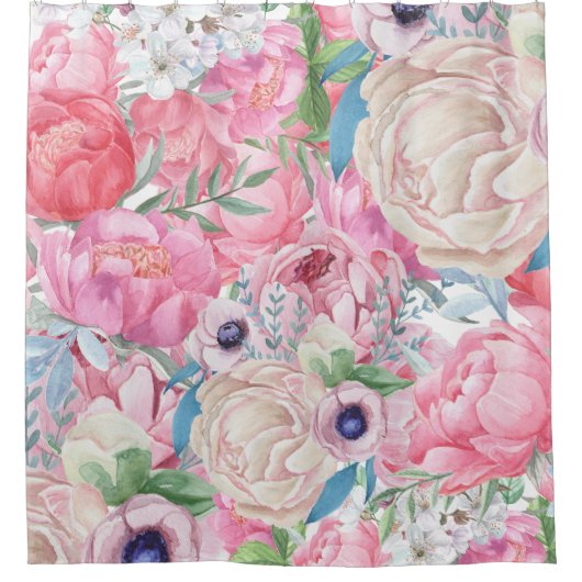 Waterverf Roze en Blush Peonies Spring Douchegordijn (Voorkant)